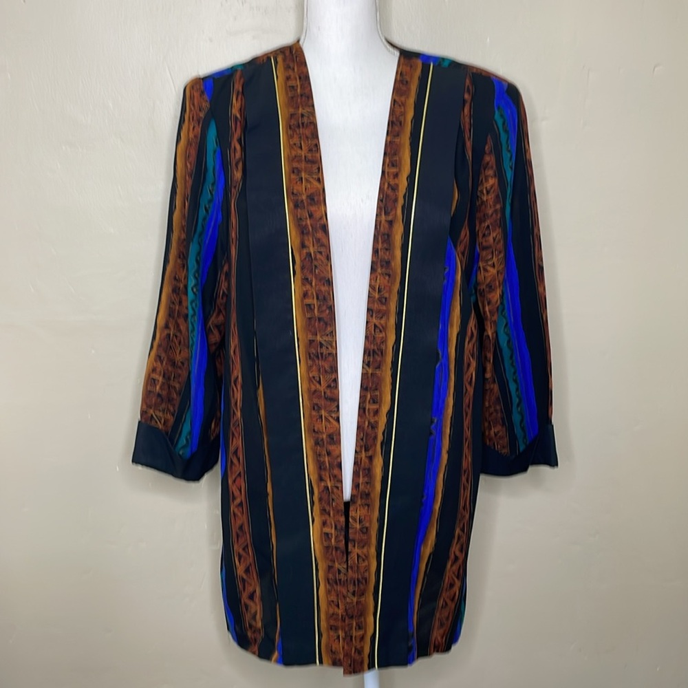 VINTAGE Ultra Dress New York 80’s Blazer Colorful Blue & Brown Boxy Open Front